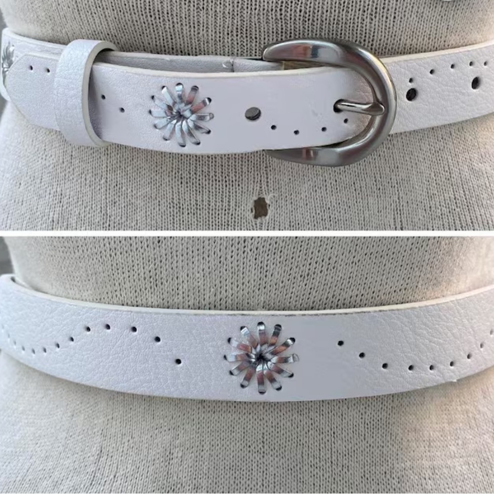 White Belt, Vintage Hole Patterned Belt, Silver Tone Buckle